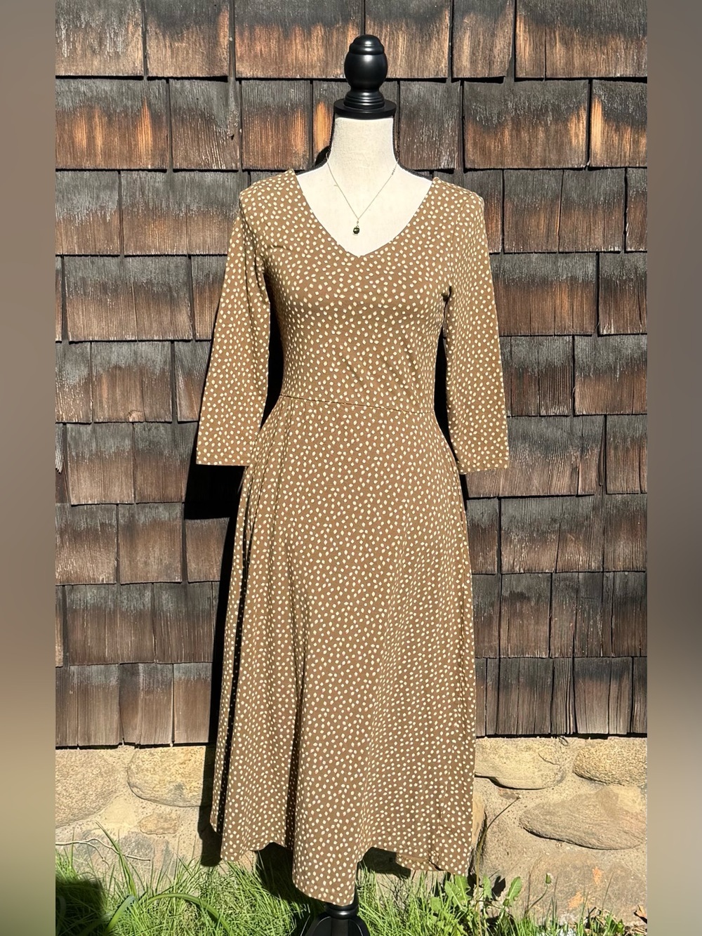 PACT Light Brown Midi Dress – White Square Polka Dot Print | Size Medium